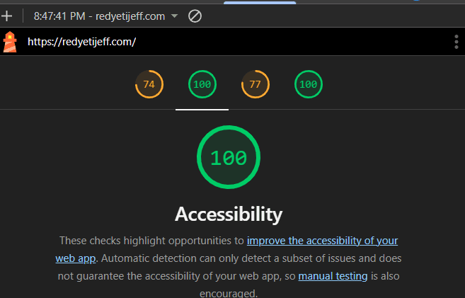 Red Yeti Restaurant 100 Accessibility score report from lighthouse
